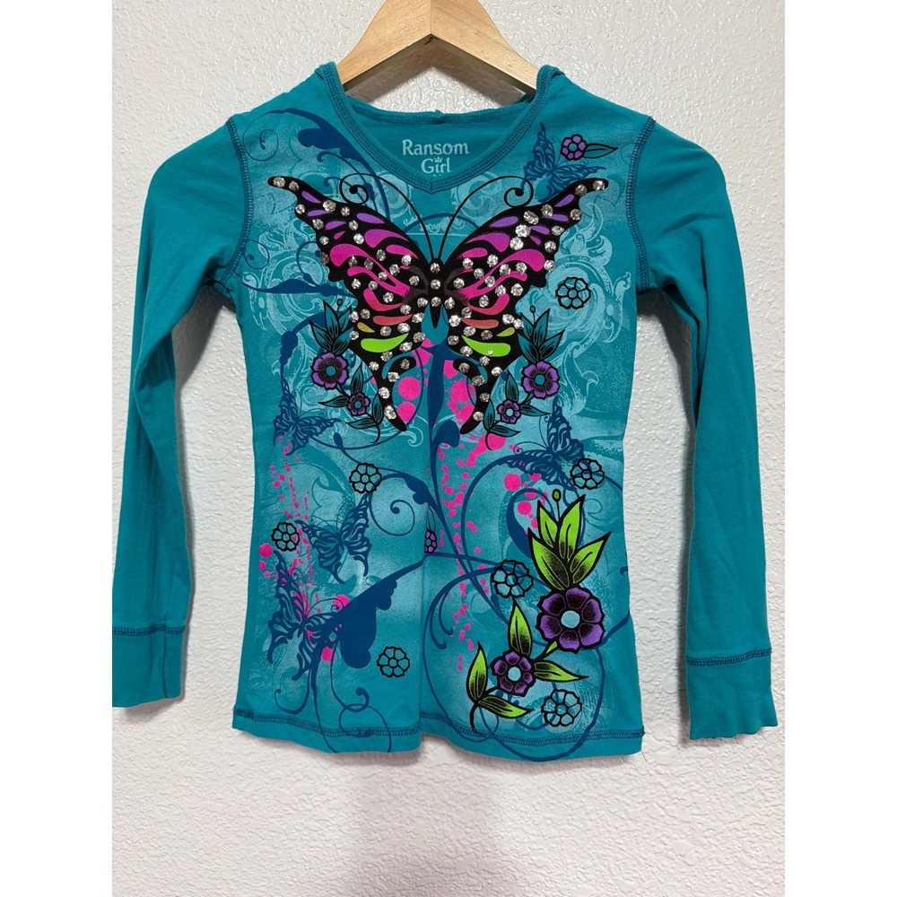 Vintage Y2K Ransom Girl Teal Butterfly Rhinestone Graphic Hooded Long Sleeves M